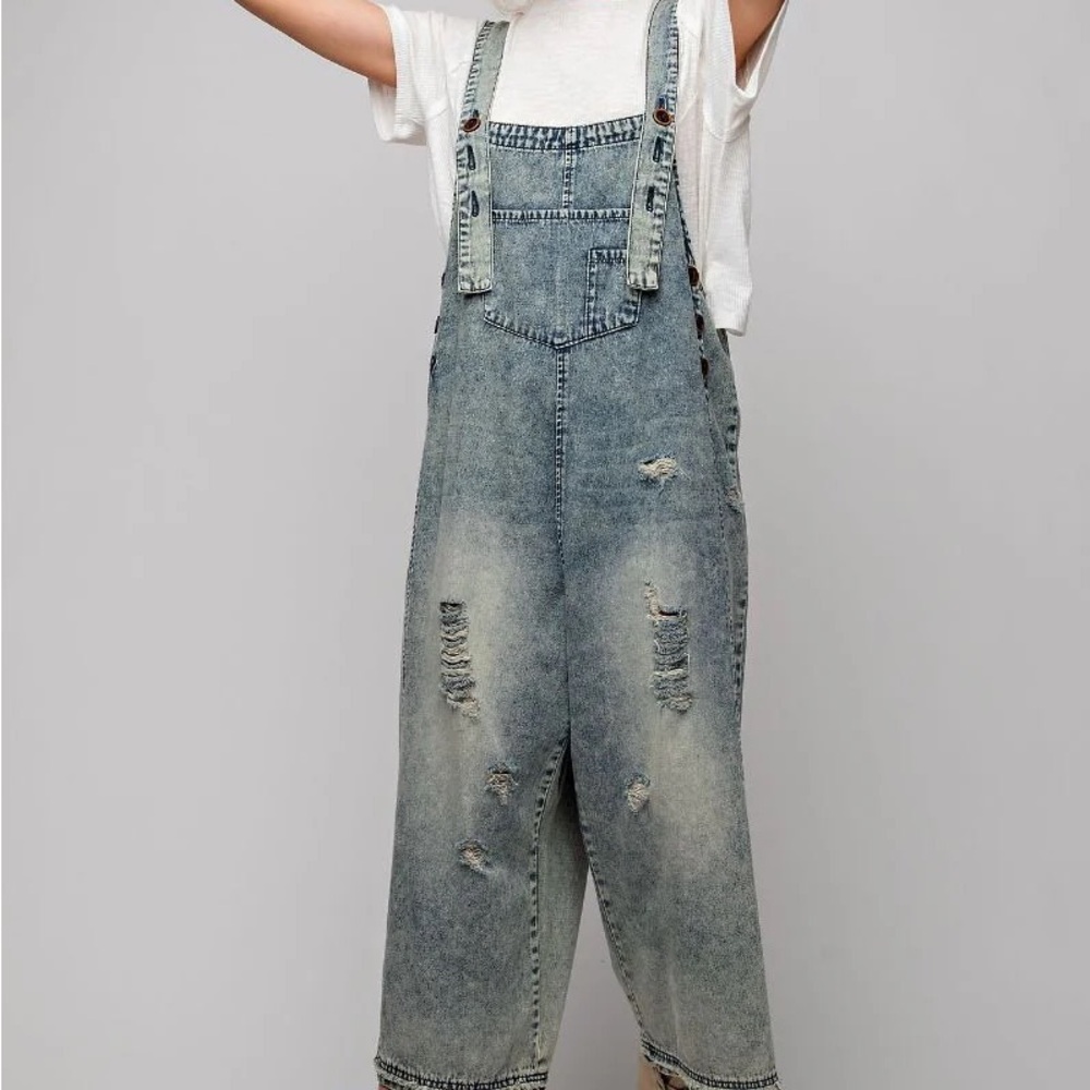 Easel Distressed Denim Jumpsuit
